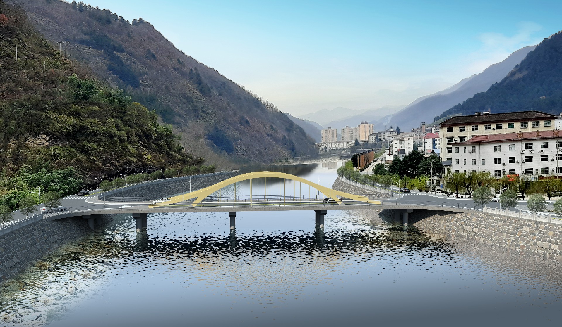 桥梁设计               东山公园椒溪河桥位于陕西省汉中市佛坪县城